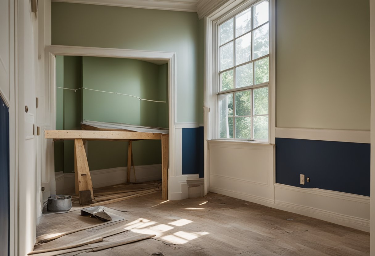 A house being renovated: walls stripped, floors refinished, new fixtures installed, and fresh paint applied