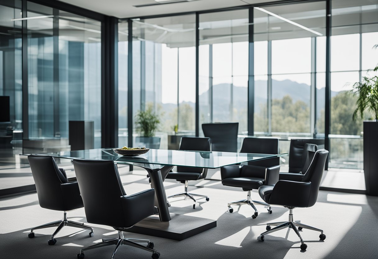 A sleek, modern table with a glass top and chrome accents sits in the center of a spacious, well-lit CEO office. The table is surrounded by comfortable, high-backed leather chairs, exuding an air of sophistication and power