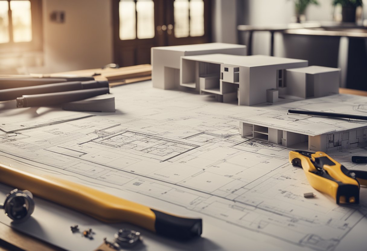 A house blueprint on a table with tools and materials scattered around, a wall partially demolished, and a new floor plan sketched on the wall