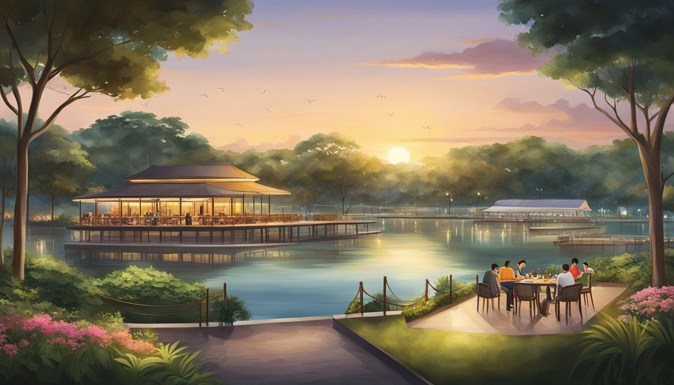 The sun sets over Sembawang Park, casting a warm glow on the tranquil waters. The park's restaurant sits nestled among lush greenery, offering a serene and picturesque dining experience