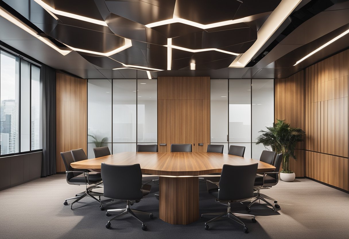 The office panelling design features sleek, modern lines and a combination of wood and glass materials. The panels are arranged in a geometric pattern, creating an elegant and professional atmosphere