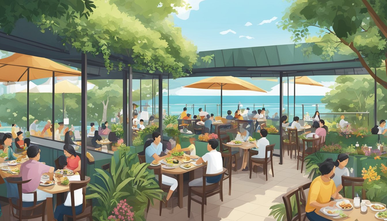 A bustling restaurant in Sembawang Park, with diners enjoying a variety of culinary delights against a backdrop of lush greenery and the calming sea