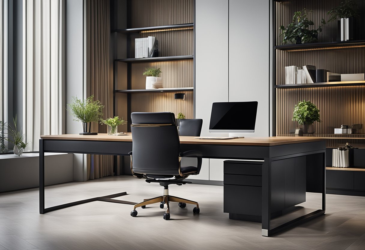 A sleek, modern CEO office table with clean lines, minimalist design, and high-quality materials