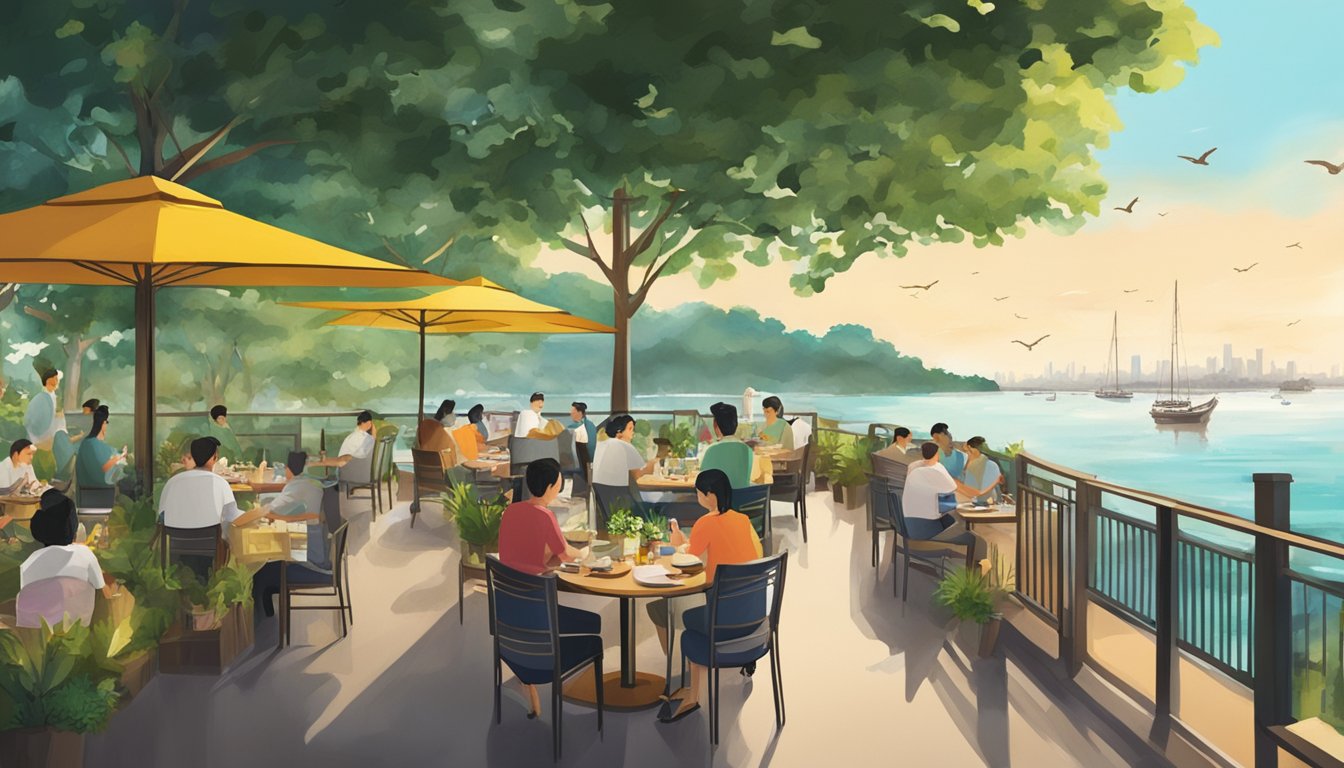 A bustling restaurant at Sembawang Park, with customers dining and staff serving, surrounded by lush greenery and a serene seaside view