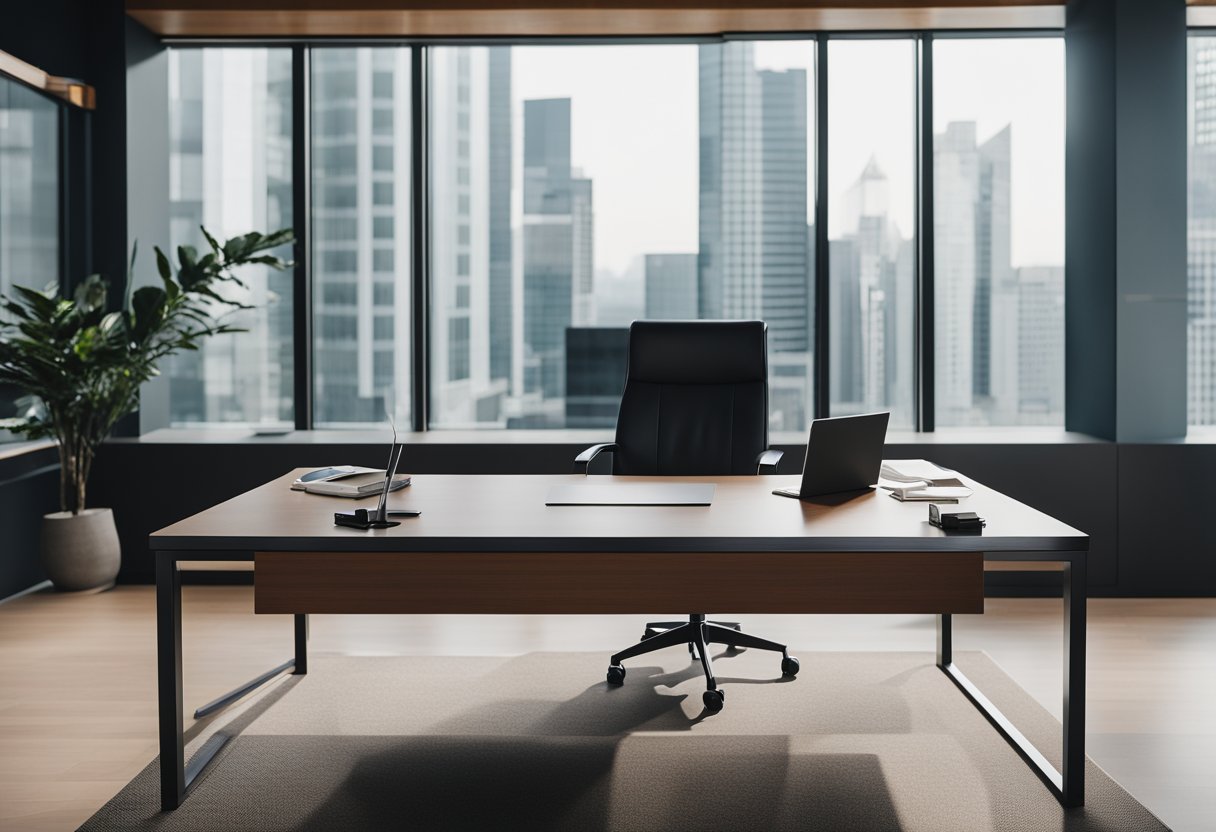 A sleek, modern CEO office table with clean lines and a minimalist design, adorned with a few carefully placed decorative items