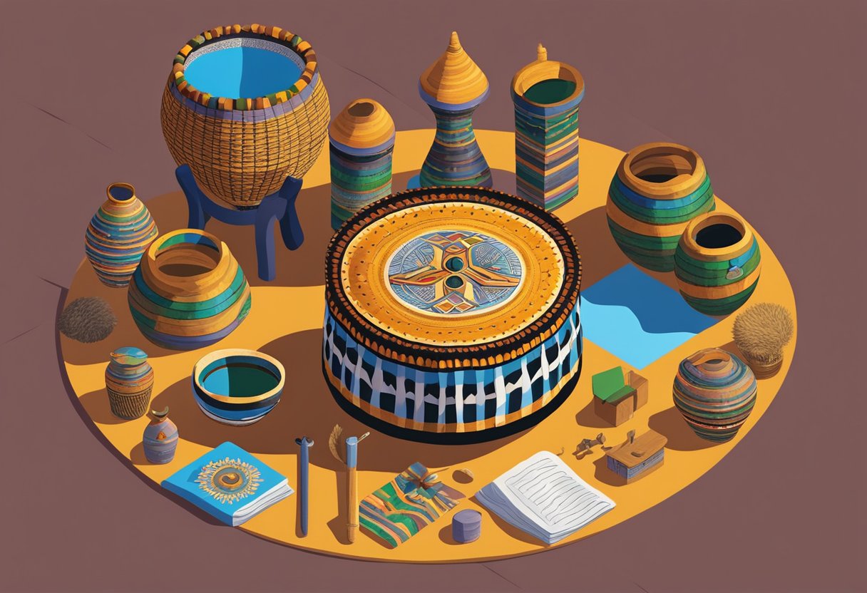 A colorful array of traditional Tshivenda objects and symbols, including a Venda drum, a Tshivenda dictionary, and a Venda flag