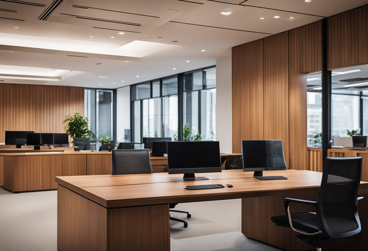 A sleek, modern office with wood paneling and integrated lighting. Clean lines and neutral colors create a professional, welcoming environment