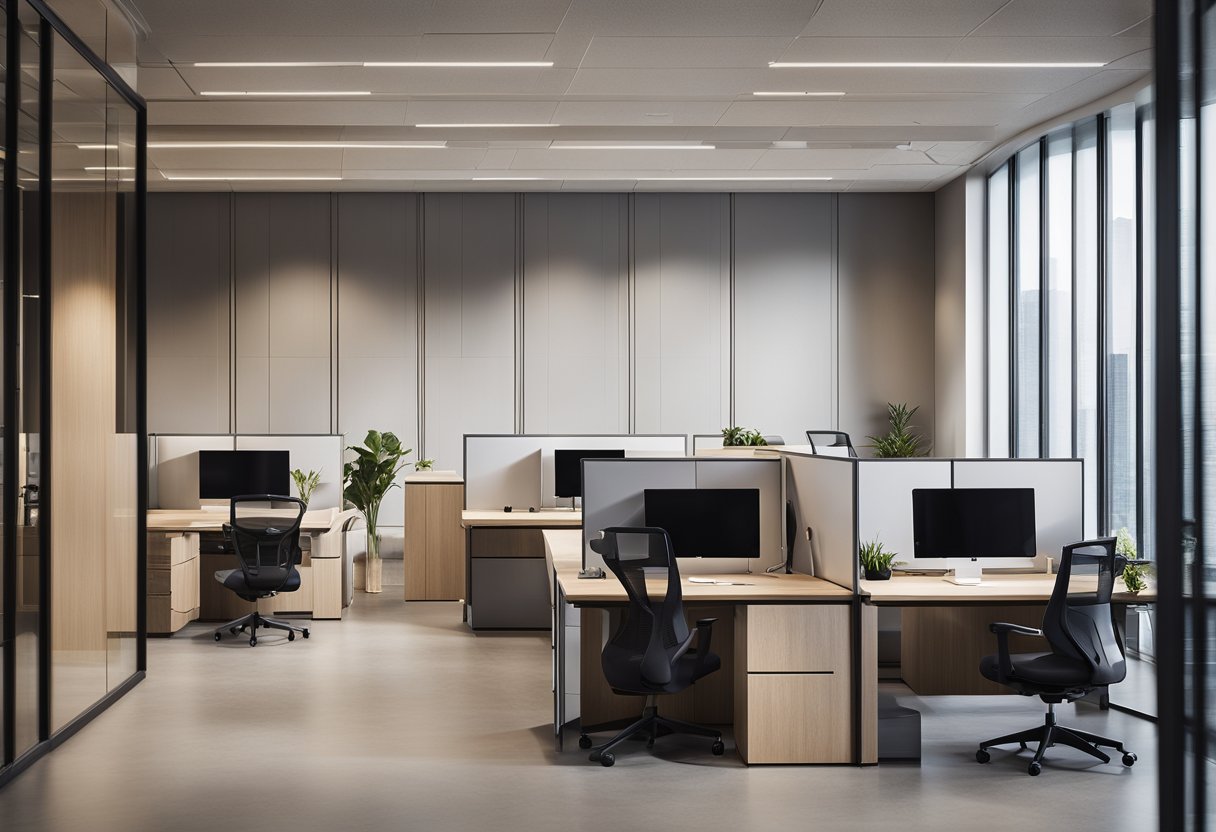 A team of workers installs sleek, modern office paneling, using power tools and precision. The design features clean lines and a neutral color palette