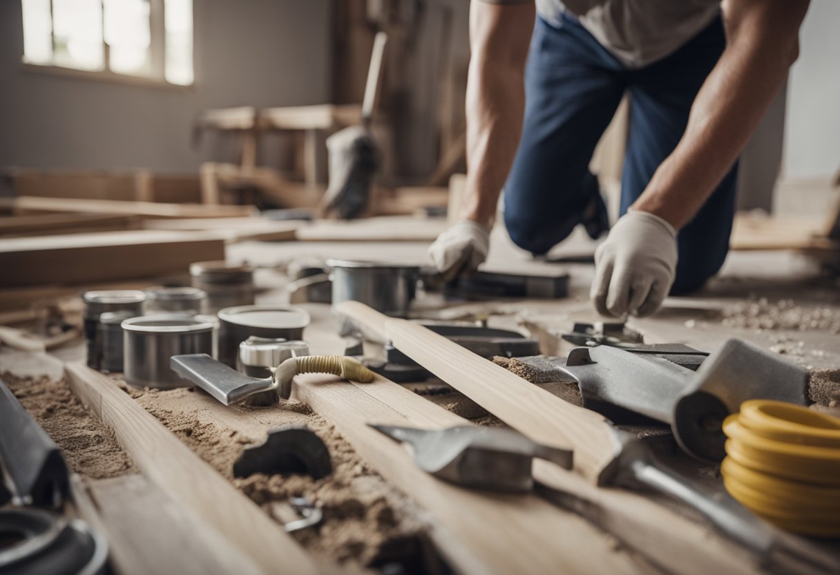 A house being renovated step by step, with tools and materials scattered around, walls being painted, floors being refinished, and furniture being assembled