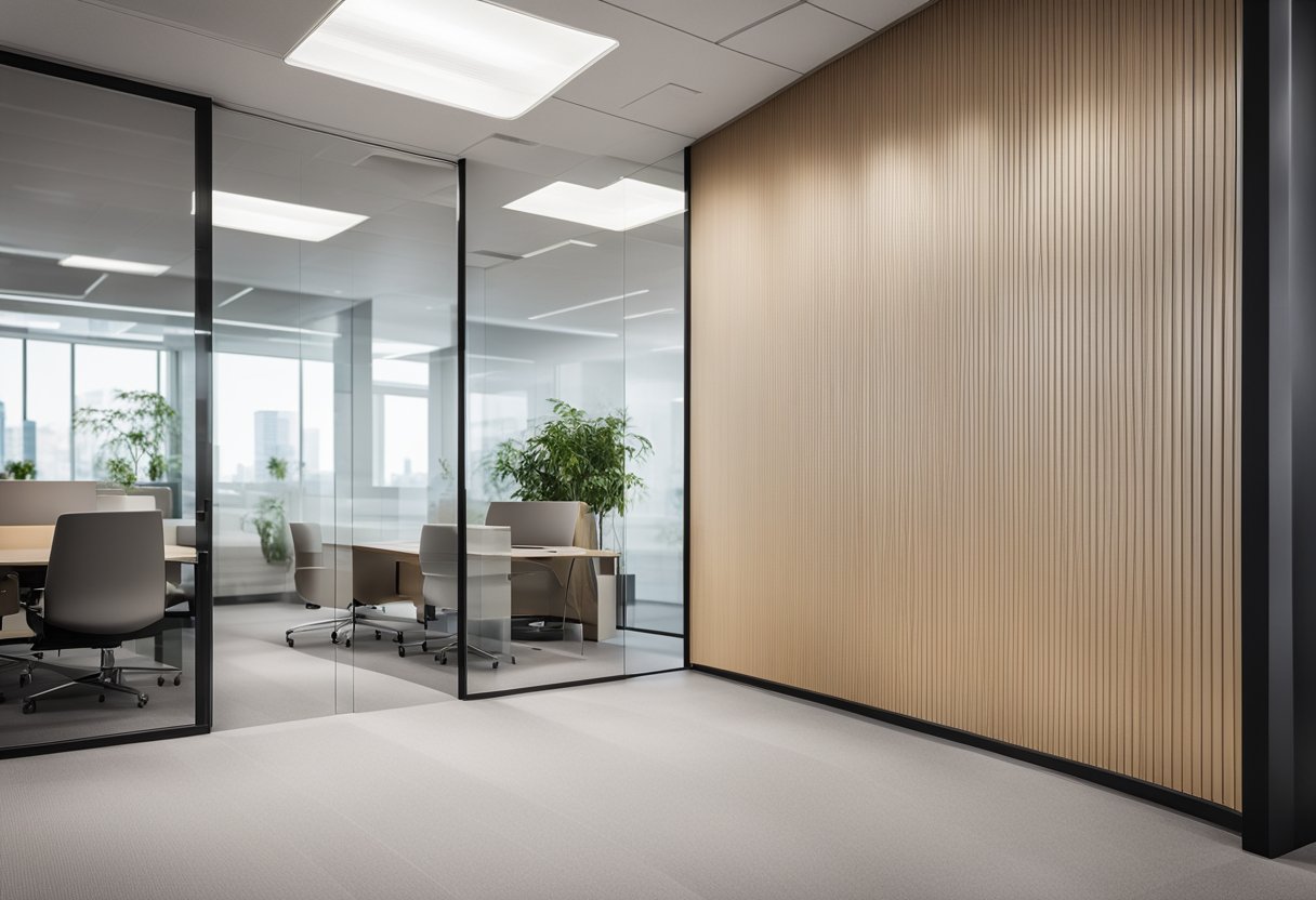 The office panelling design features clean, modern lines with subtle geometric patterns and a neutral color palette. Light filters through the frosted glass panels, casting soft shadows on the floor
