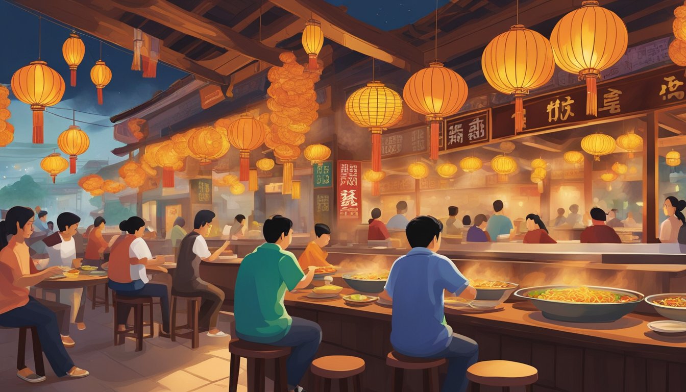 The Siang Kee restaurant bustles with customers enjoying steaming bowls of noodles and sizzling stir-fry dishes. The aroma of savory spices fills the air as colorful lanterns cast a warm glow over the bustling eatery