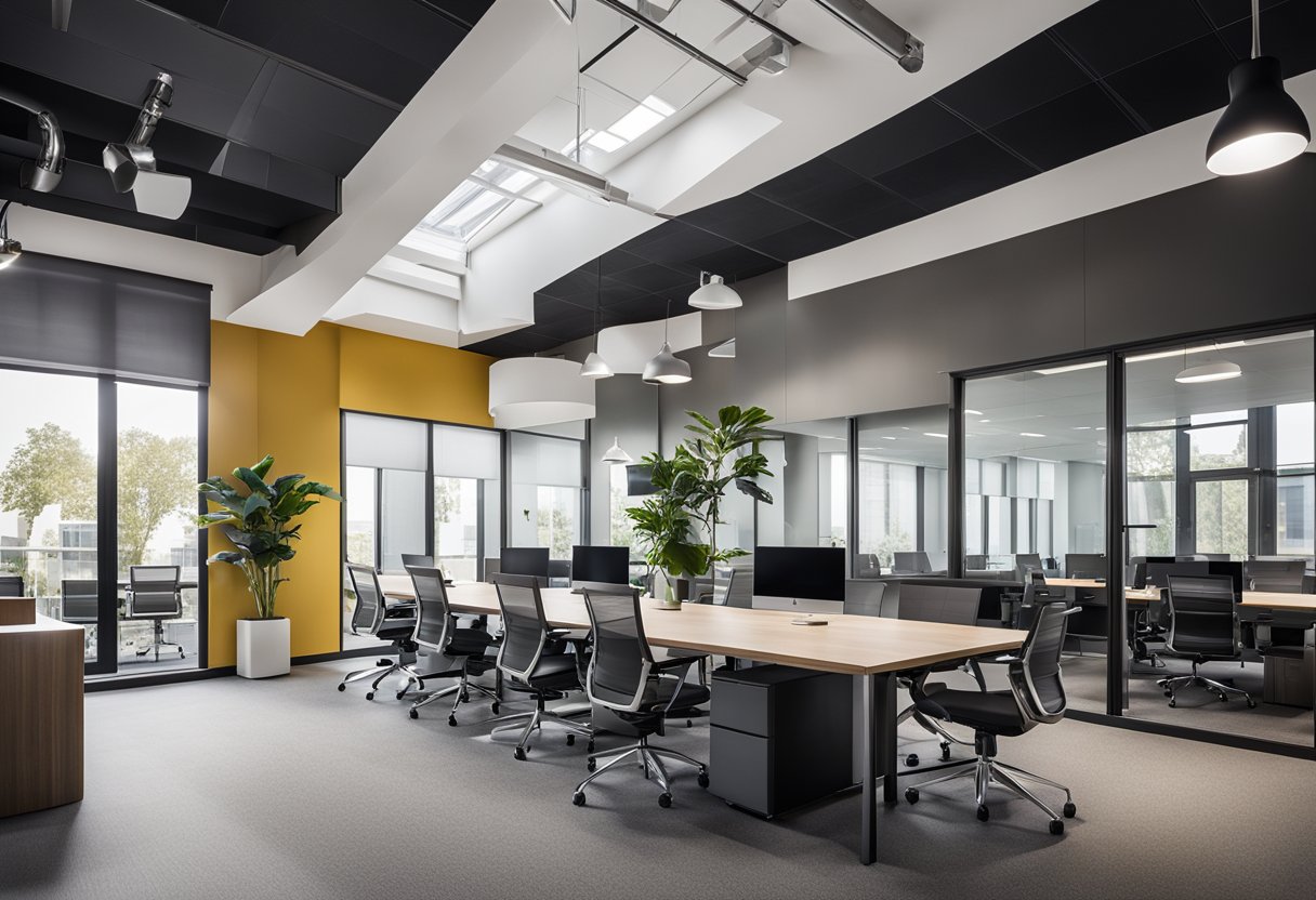 The modern office features sleek furniture, vibrant accent walls, and ample natural light. A combination of open workspaces and private meeting areas create a dynamic and functional environment