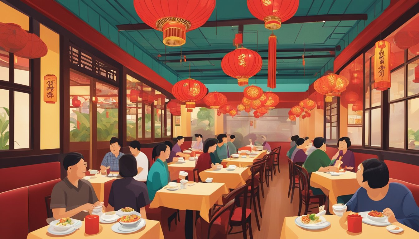 Customers enjoying traditional Chinese dishes at Siang Kee Restaurant. Tables filled with steaming plates and colorful chopsticks. Red lanterns hanging from the ceiling, creating a warm and inviting atmosphere