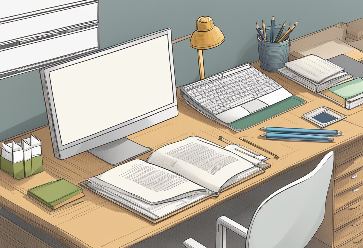 A desk with a computer, open research papers, and a pencil