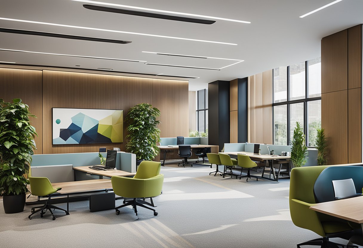 A modern commercial office space with sleek furniture, open floor plan, and natural lighting. Incorporate greenery, technology, and collaborative work areas