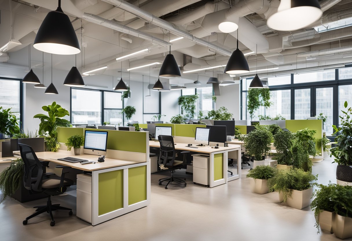 A bright, open office space with natural light, ergonomic furniture, and greenery. A variety of work areas, from collaborative zones to quiet nooks, promote productivity and well-being