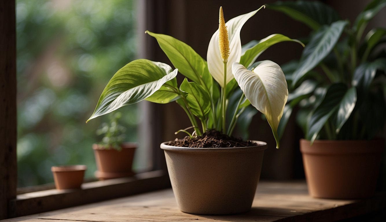 A peace lily wilting in a pot, with yellowing leaves and brown, mushy roots. A bottle of root rot treatment sits nearby
