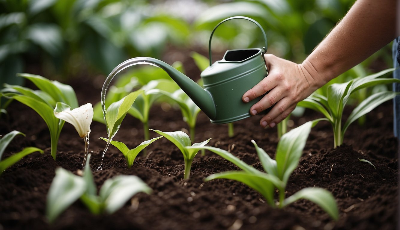 A pair of hands holding a watering can, pouring a solution onto the soil of a peace lily plant with visibly infected roots