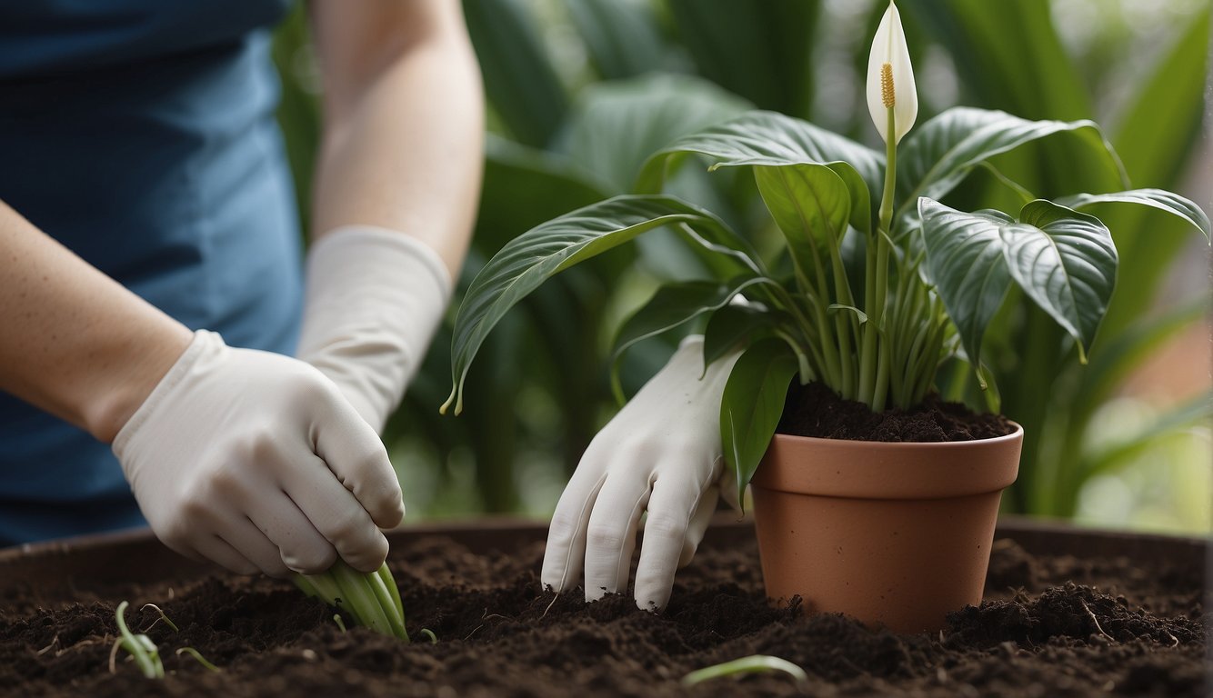 A pair of gardening gloves carefully removes a peace lily from its pot, inspecting the roots for signs of rot. A fresh pot and soil stand ready to receive the healthy plant