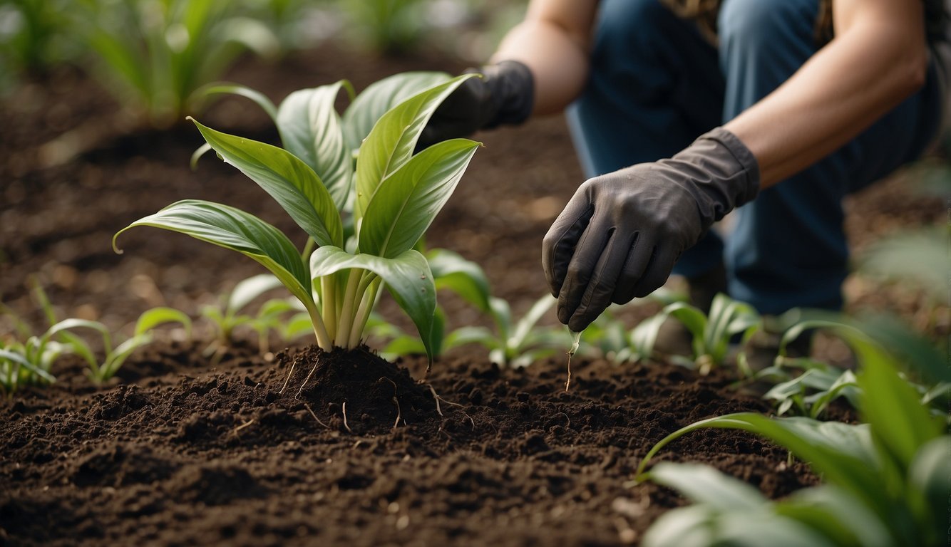 A gardener applies a natural fungicide to the soil around a peace lily, while carefully trimming away any damaged or rotting roots