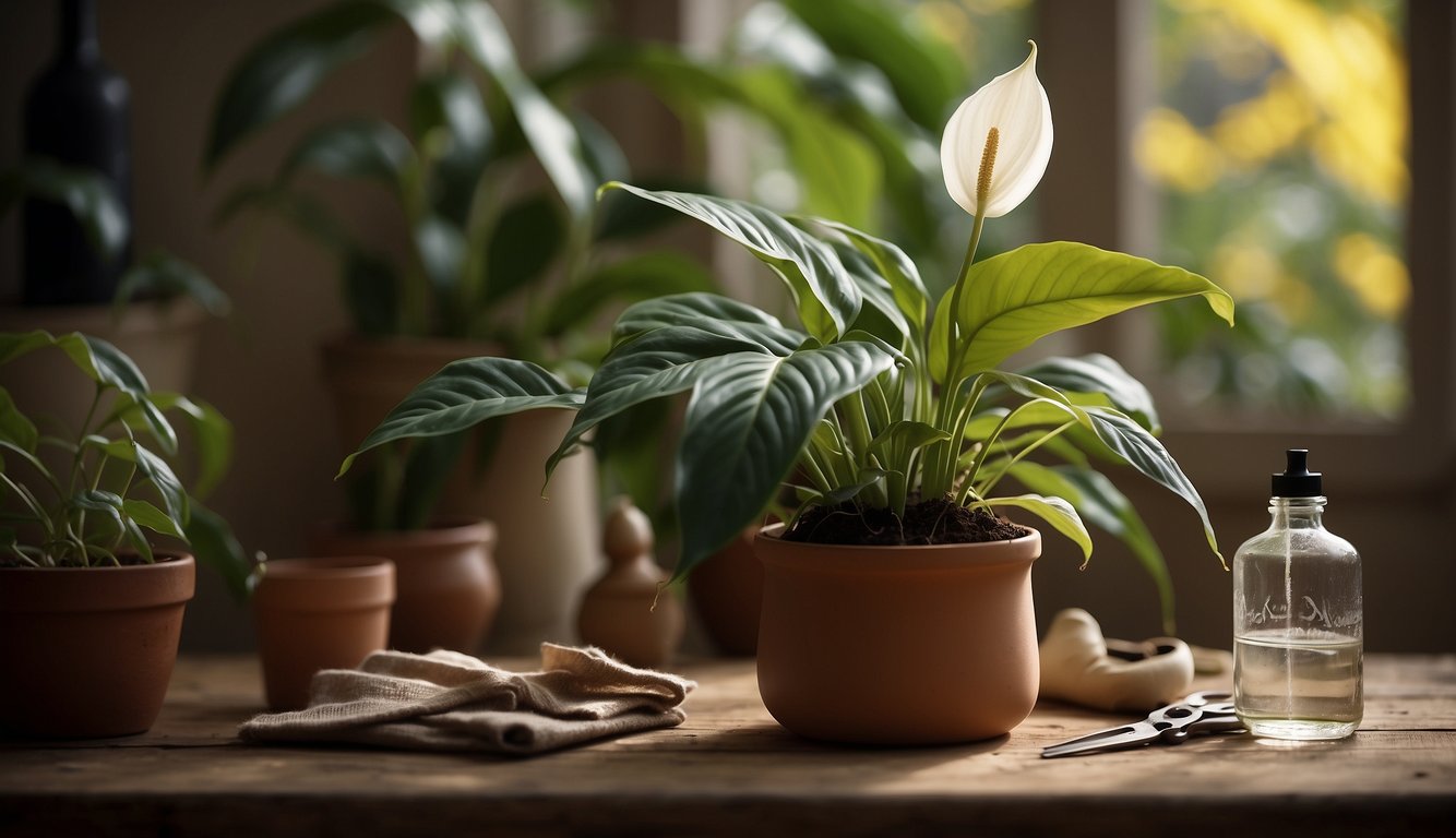 A peace lily sits in a pot, surrounded by yellowing leaves and brown, mushy roots. A bottle of fungicide and a pair of pruning shears sit nearby