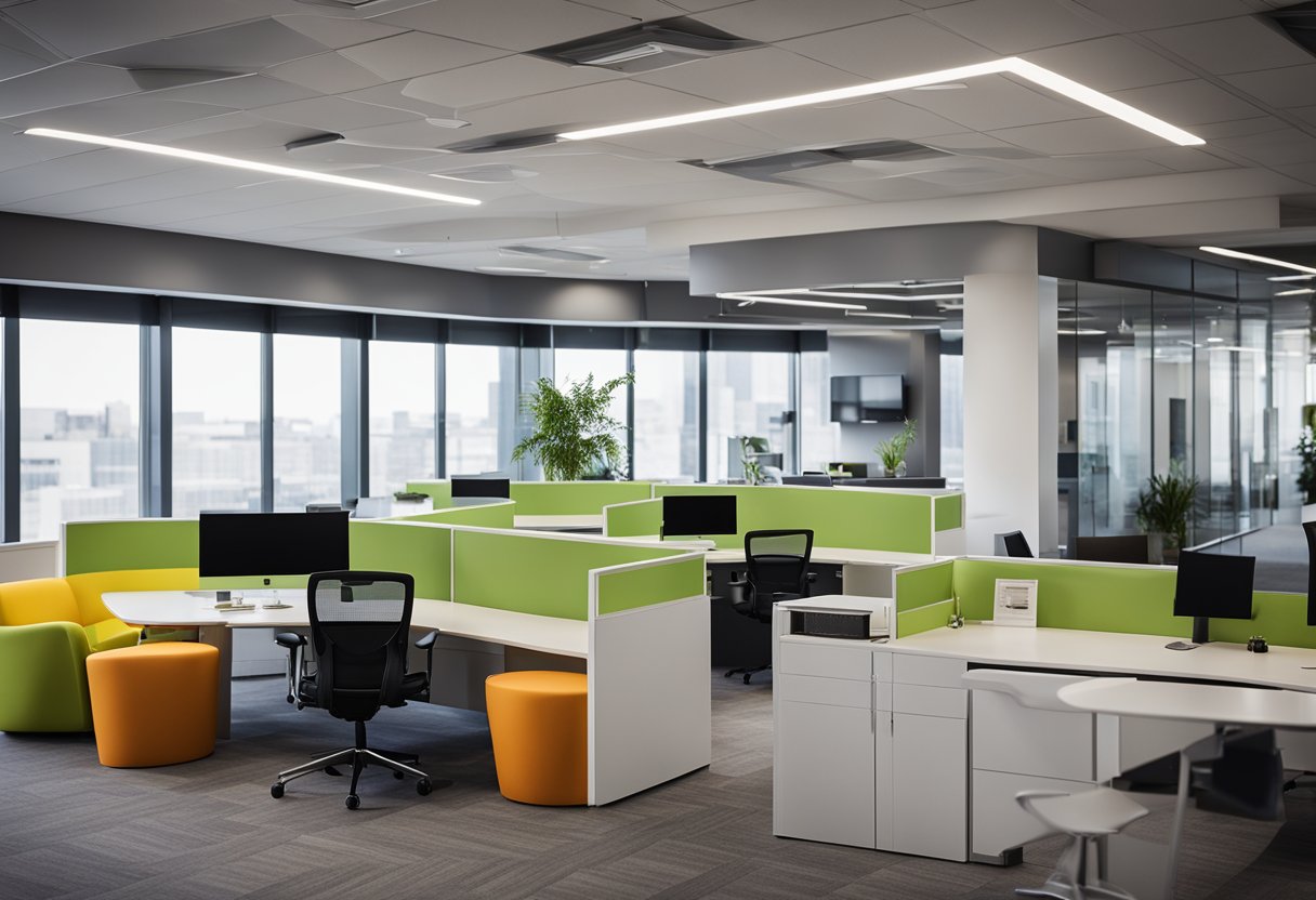 The office space features modern furniture, open floor plan, and pops of vibrant color. A sleek reception area and collaborative workstations create a welcoming and functional environment