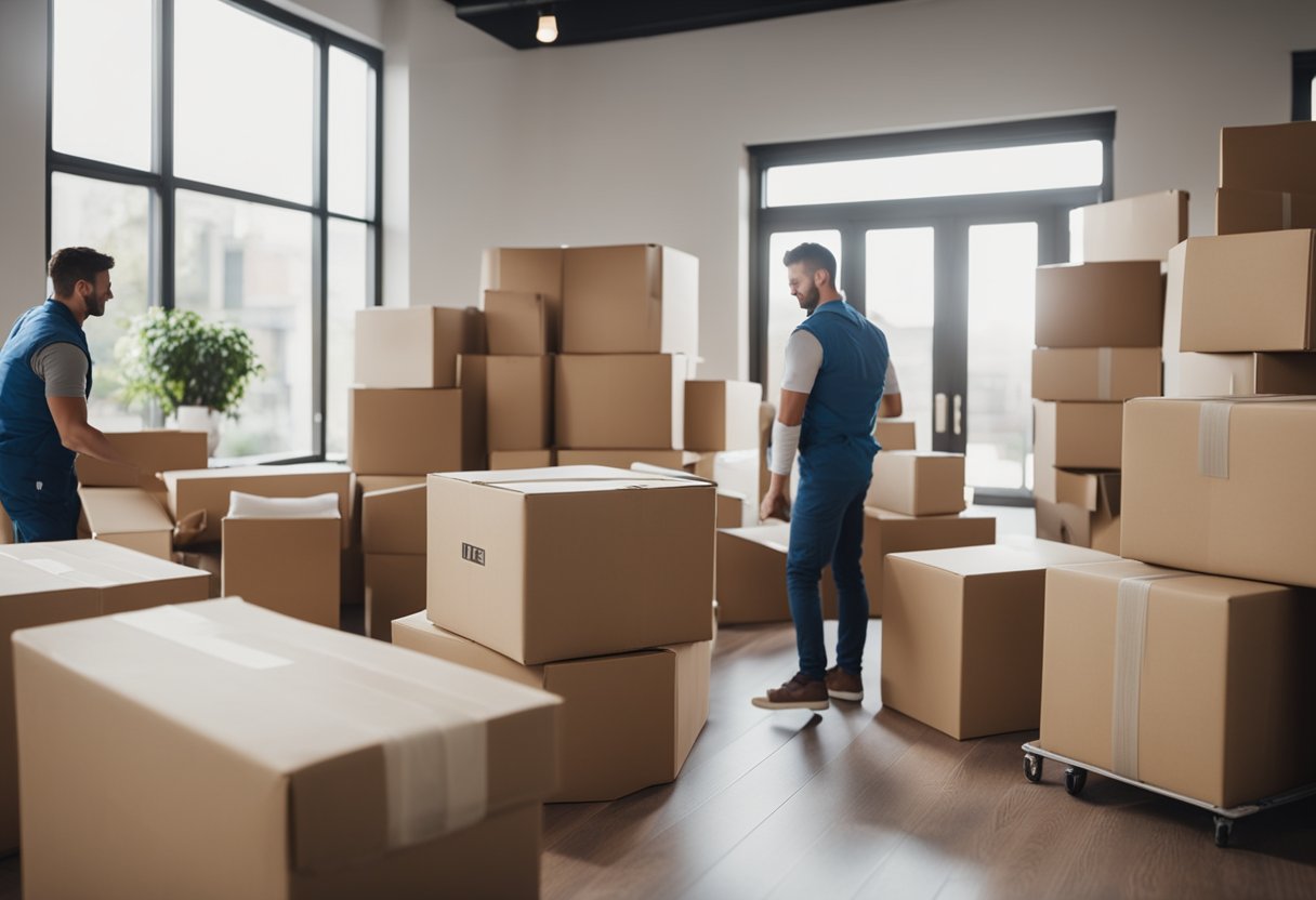 Movers pack a house in a timeline: boxes being filled, furniture wrapped, and items labeled for efficient moving