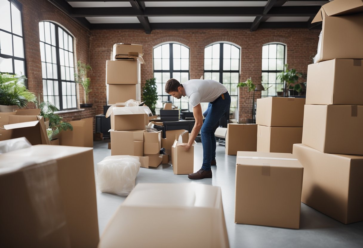 Movers swiftly pack a house, loading items into boxes and carefully wrapping fragile items. The process takes several hours to complete