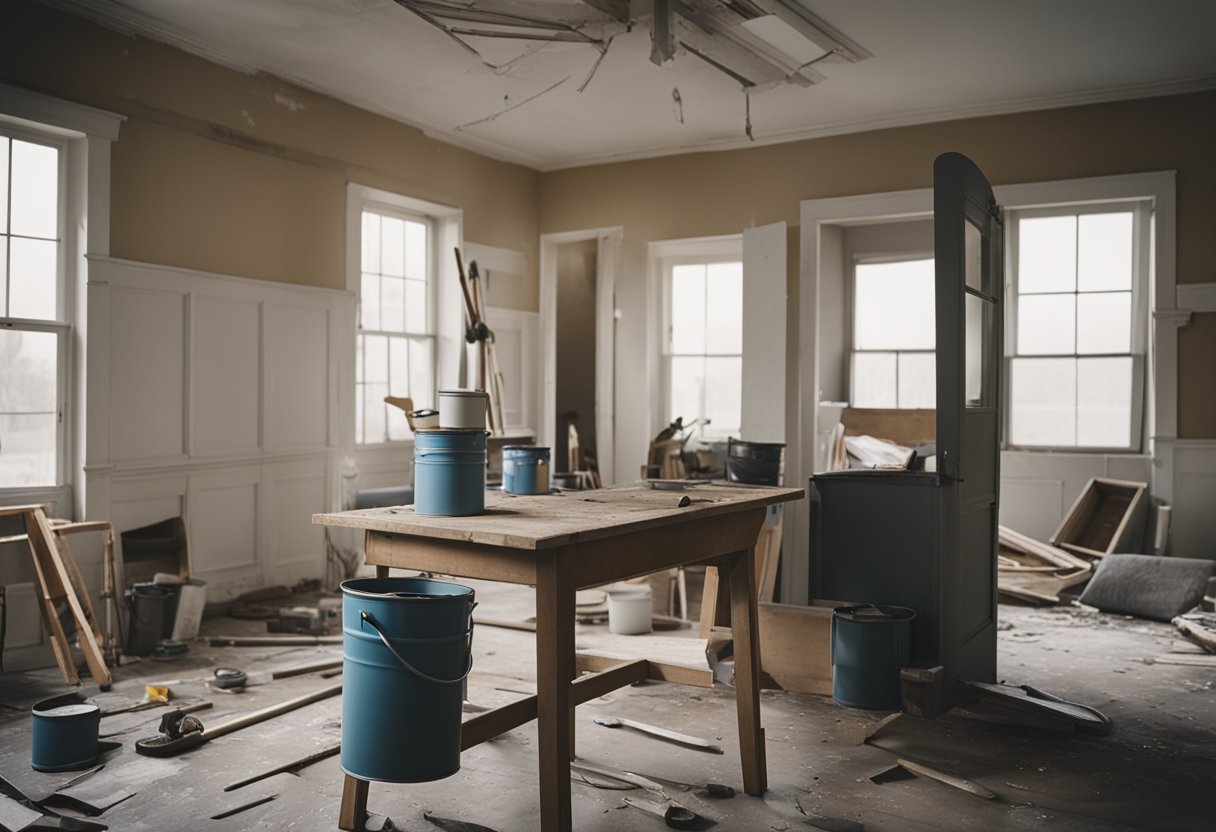 A house being renovated, with tools scattered around, paint cans open, and walls stripped bare