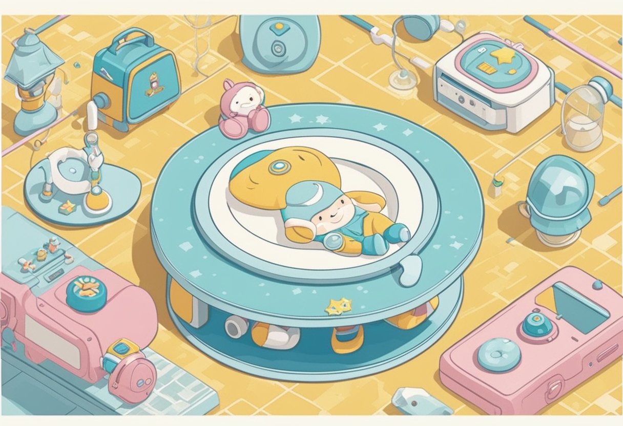 A group of baby items arranged in a circle, including a bib, rattle, and pacifier, with the Friends TV show logo in the background