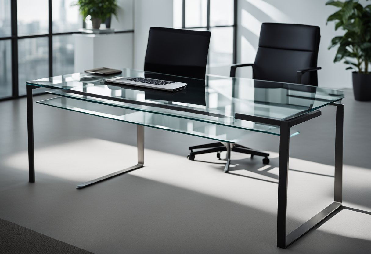 A sleek, modern office table with clean lines and a minimalist design, featuring a glass top and metal legs