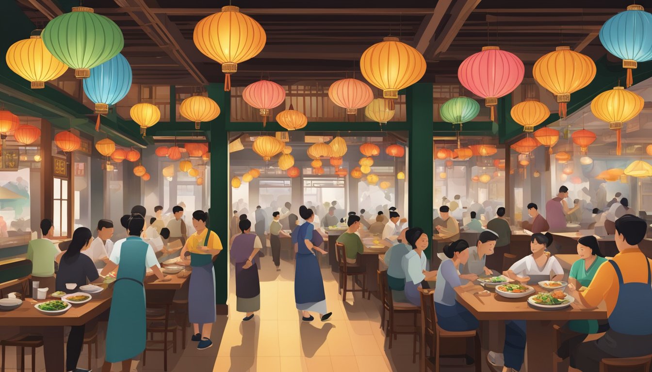 A bustling tai tong restaurant with colorful lanterns, steaming woks, and bustling waitstaff