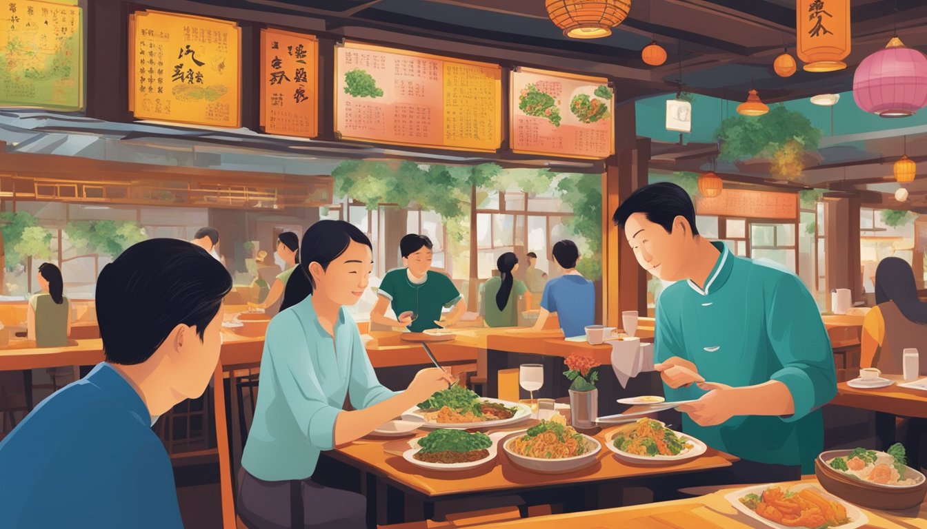 Customers peruse the colorful menu at Tai Tong restaurant, pointing and discussing their options. The aroma of sizzling dishes fills the air as the bustling atmosphere adds to the excitement of exploring the diverse selection