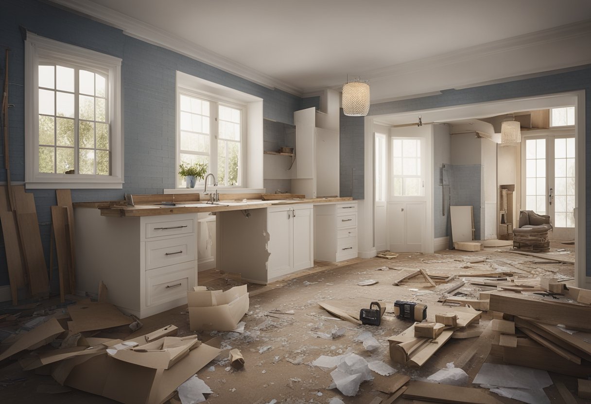 A house with a blueprint, tools, and materials scattered around. Walls are being torn down, and new fixtures are being installed