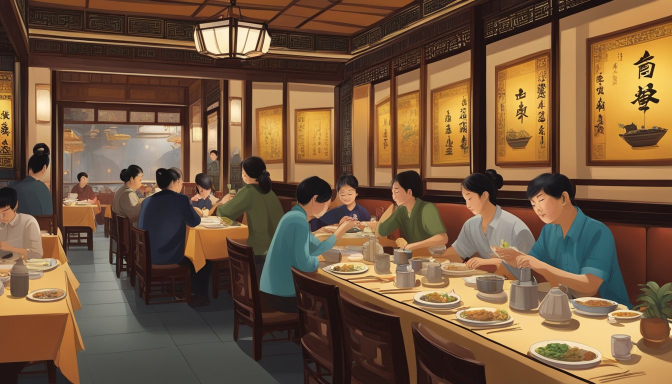 Customers dining at Tai Tong Restaurant, with traditional Chinese decor, dim lighting, and a bustling atmosphere