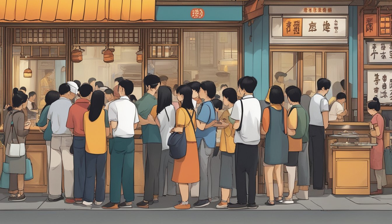 Customers line up outside Tai Tong restaurant, eagerly awaiting their turn to dine. The aroma of sizzling meats and savory sauces fills the air, while the bustling waitstaff tends to the needs of hungry patrons
