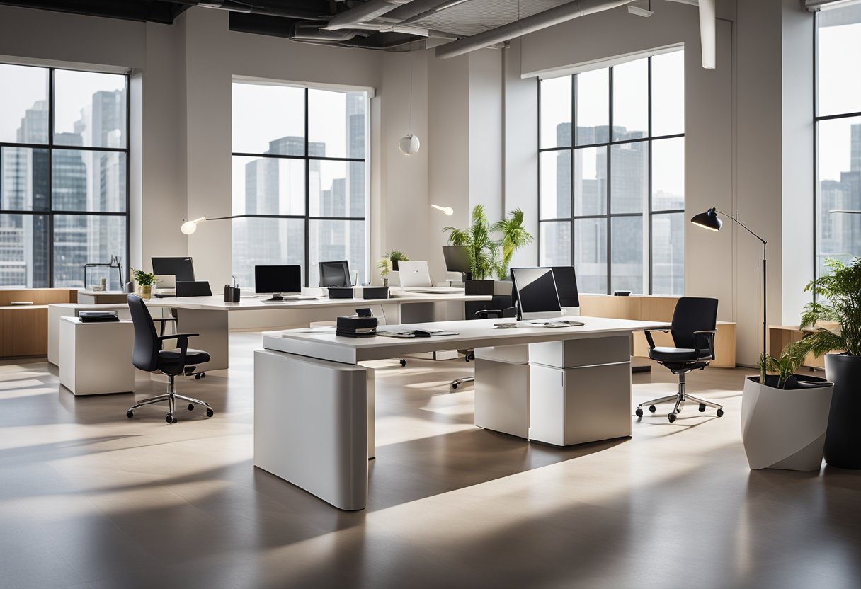 Various office table designs are arranged in a spacious room, with modern, minimalist, and traditional styles on display. Light filters in through large windows, casting a warm glow on the sleek surfaces