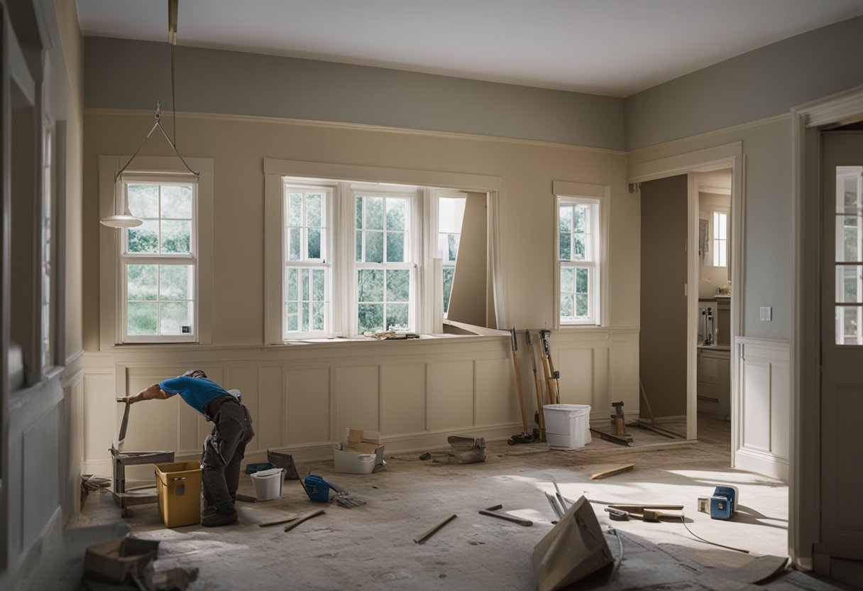 A house under renovation, with tools and materials scattered around. Walls being painted, floors being refinished, and furniture being moved