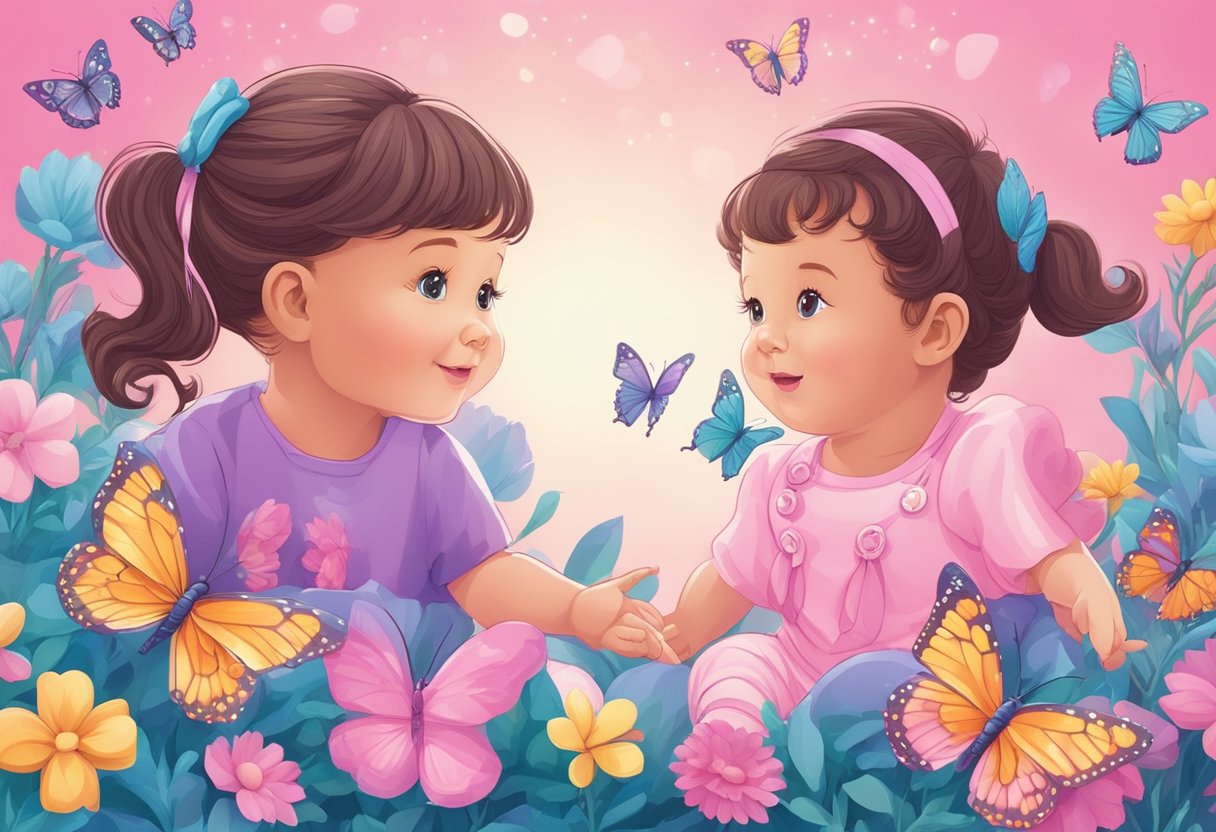 Two baby girl names written on a pink and blue banner, surrounded by colorful flowers and butterflies