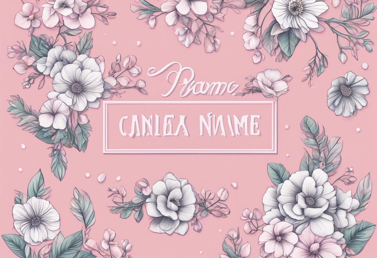 Two girly name options written on a pink and white background with floral accents