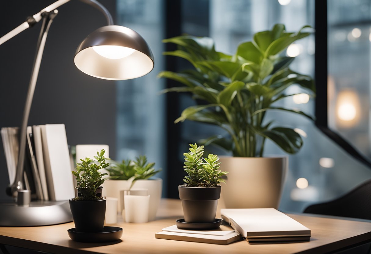A sleek office table adorned with a modern desk lamp, potted plant, and stylish stationary organizer