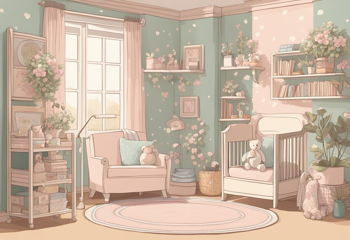 A baby girl's nursery with soft pastel colors and delicate floral patterns. A shelf filled with children's books and a cozy rocking chair in the corner