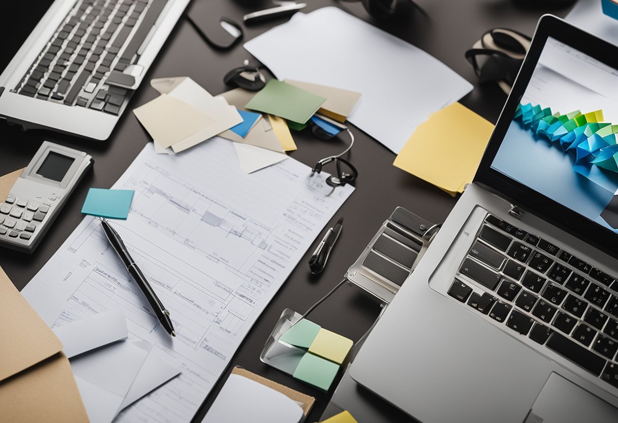 An office table with various design ideas spread out, including sketches, color swatches, and sample materials. A computer and notepad sit nearby