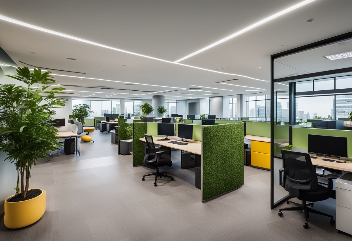 A modern office with open workspaces, natural light, and vibrant colors. Collaborative areas with flexible furniture and greenery. Innovative technology integrated throughout the space