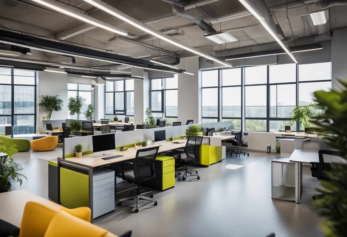 The open-plan office features modern furniture, vibrant colors, and innovative design elements, with large windows allowing natural light to fill the space