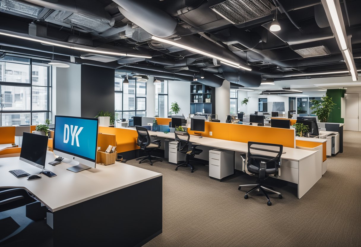 The office is modern and vibrant, with open workspaces and collaborative areas. Bright colors and bold typography are featured throughout, creating an energetic and innovative atmosphere