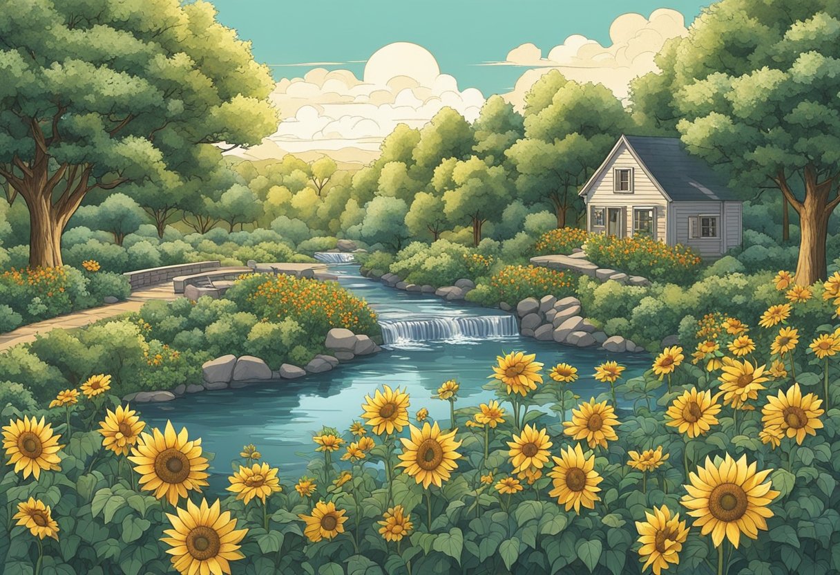 A garden with blooming sunflowers and a babbling brook, with a soft breeze blowing through the trees