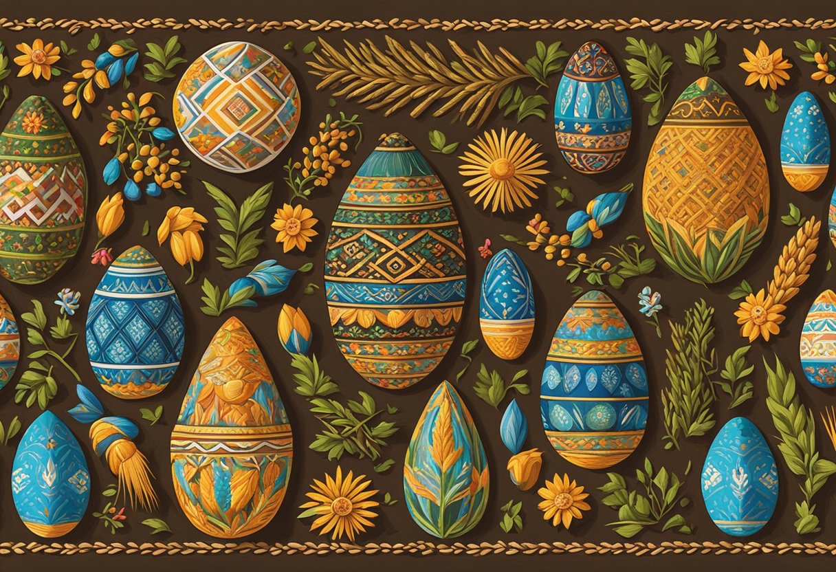 A colorful array of traditional Ukrainian symbols and motifs, such as pysanky eggs, wheat sheaves, and intricate embroidery patterns, adorn a rustic wooden backdrop
