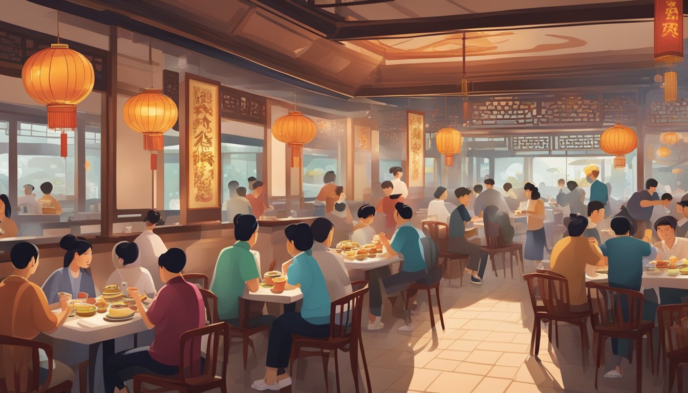 A bustling Chinese restaurant in Singapore with ornate decor, dim sum carts, and diners enjoying steaming bowls of noodles