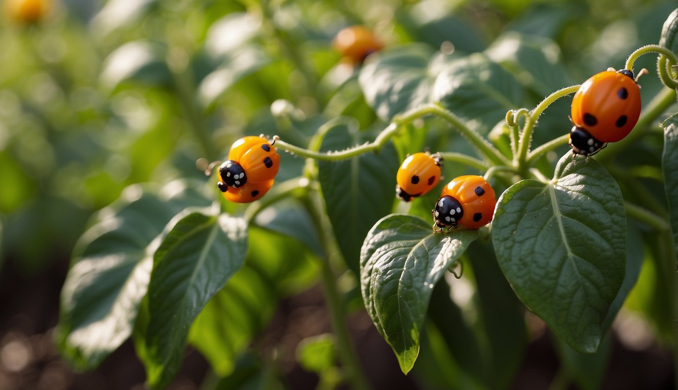 Bell pepper plants surrounded by ladybugs, neem oil spray, and diatomaceous earth to control pests